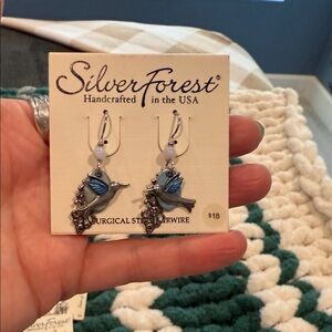 Silver Forest Hummingbird Earrings with Blue and Silver Accents
